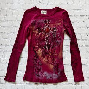 USA New Vocal Apparel Womens Crystal Burgundy Cross Bling Long Sleeve M Medium